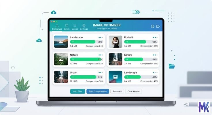 Bulk image compression process showing multiple images being compressed on a laptop