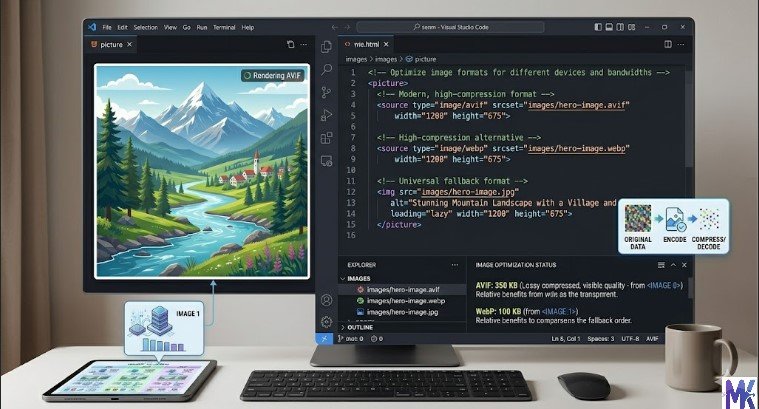 HTML picture element example AVIF WebP fallback implementation