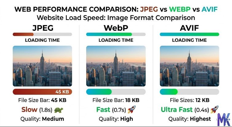 image format impact on page speed WebP vs JPEG vs AVIF comparison
