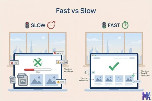 Comparison of slow and fast website after image optimization