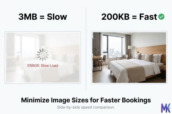 Comparison showing faster loading hotel image at 200KB versus slow 3MB image
