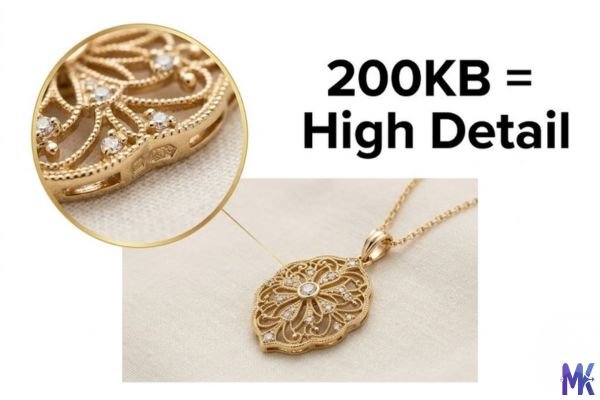 Jewellery product image showing high detail preserved at 200KB compression