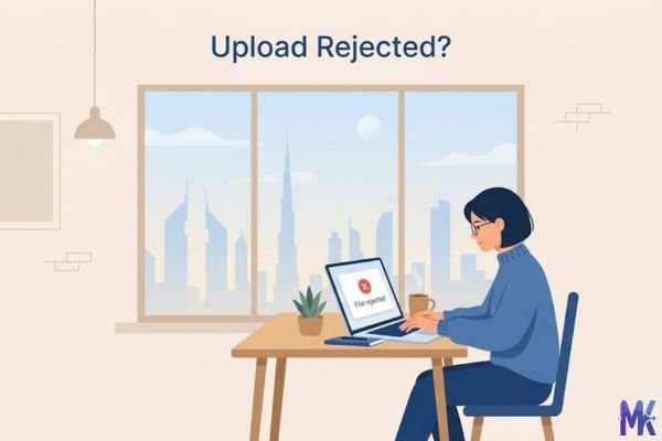 Person uploading photo on laptop in cafe facing file rejection error