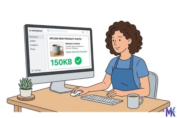 Small business owner uploading 150KB product image for faster website performance